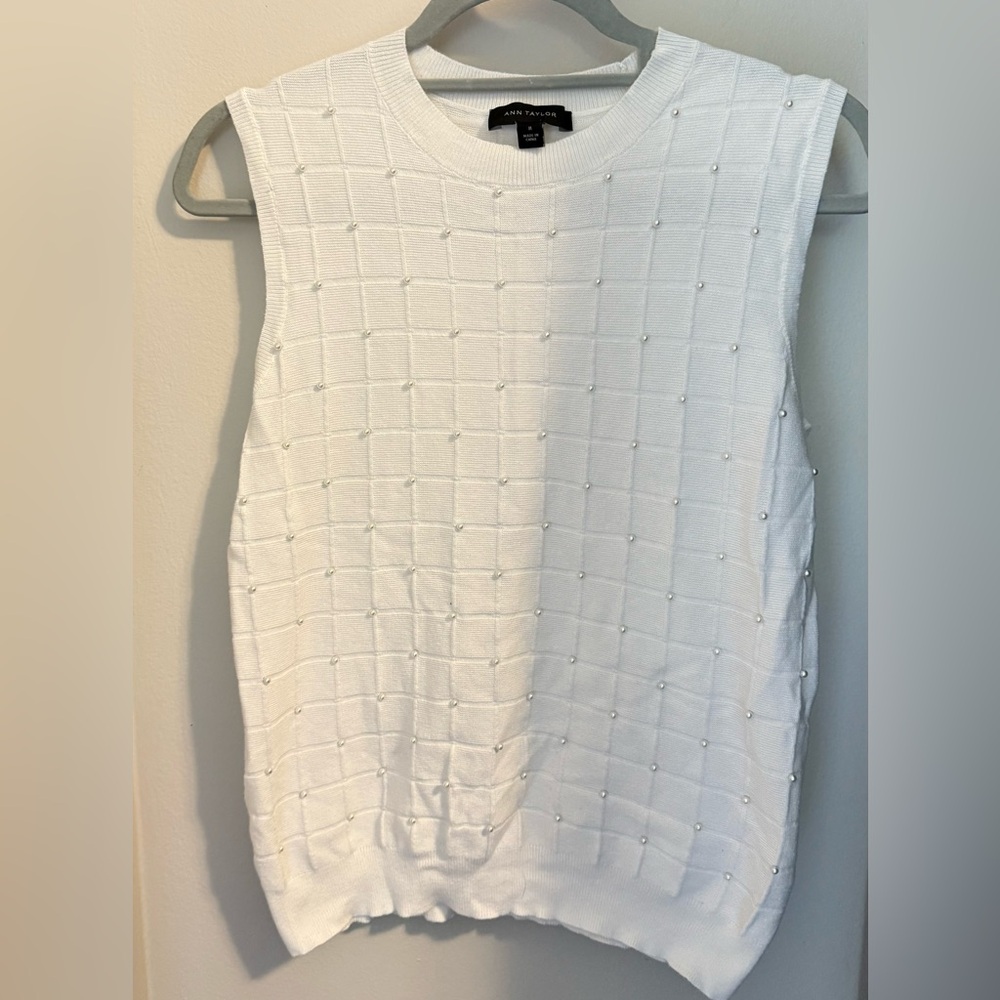 Ann Taylor White sweater tank Top with Pearl Accents